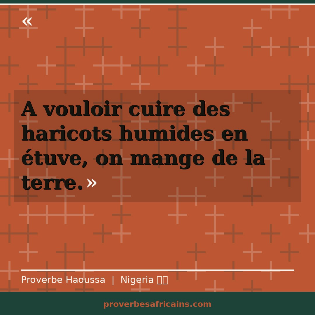 Proverbe africain illustré sur fond wax : « A vouloir cuire des haricots humides en étuve, on mange de la terre. »