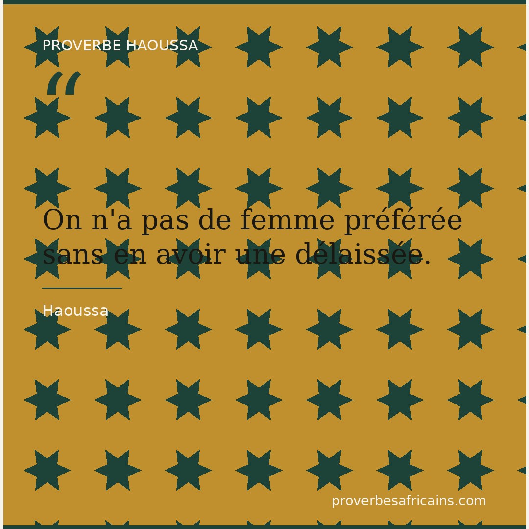 Proverbe africain illustré sur fond wax : « On n'a pas de femme préférée sans en avoir une délaissée. »