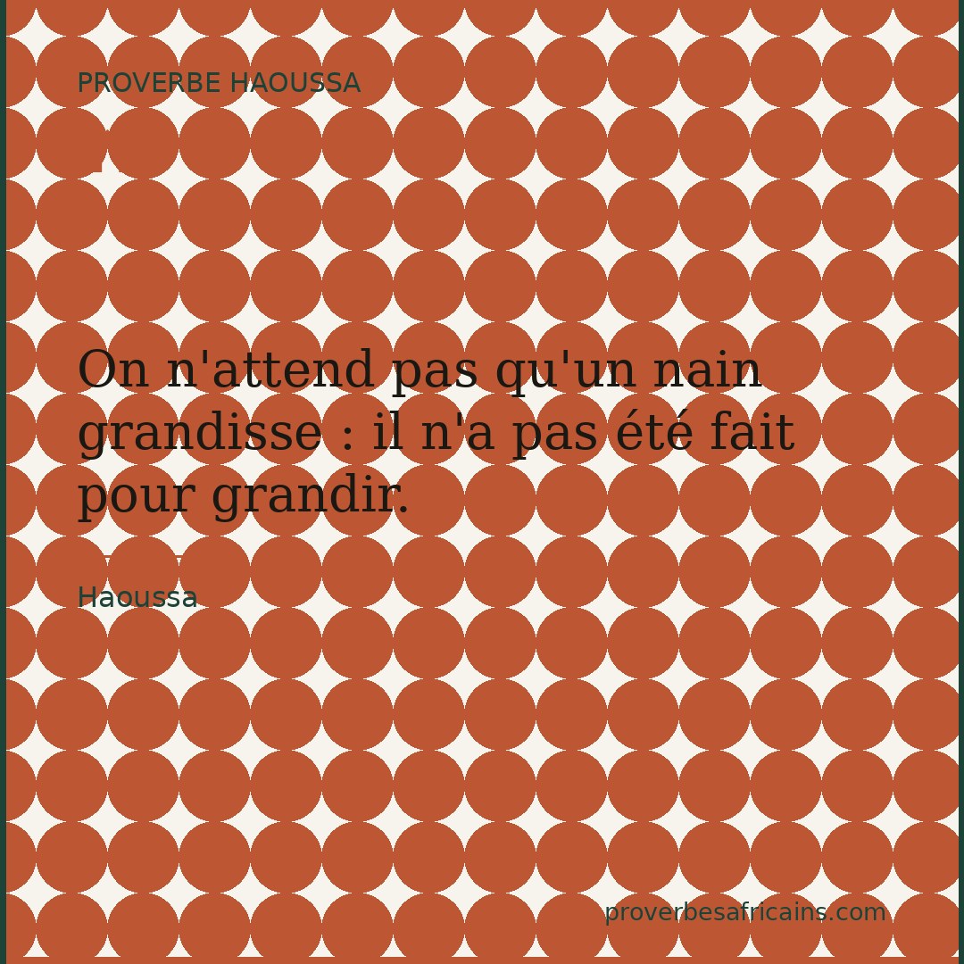 Proverbe africain illustré sur fond wax : « On n'attend pas qu'un nain grandisse : il n'a pas été fait pour grandir. »