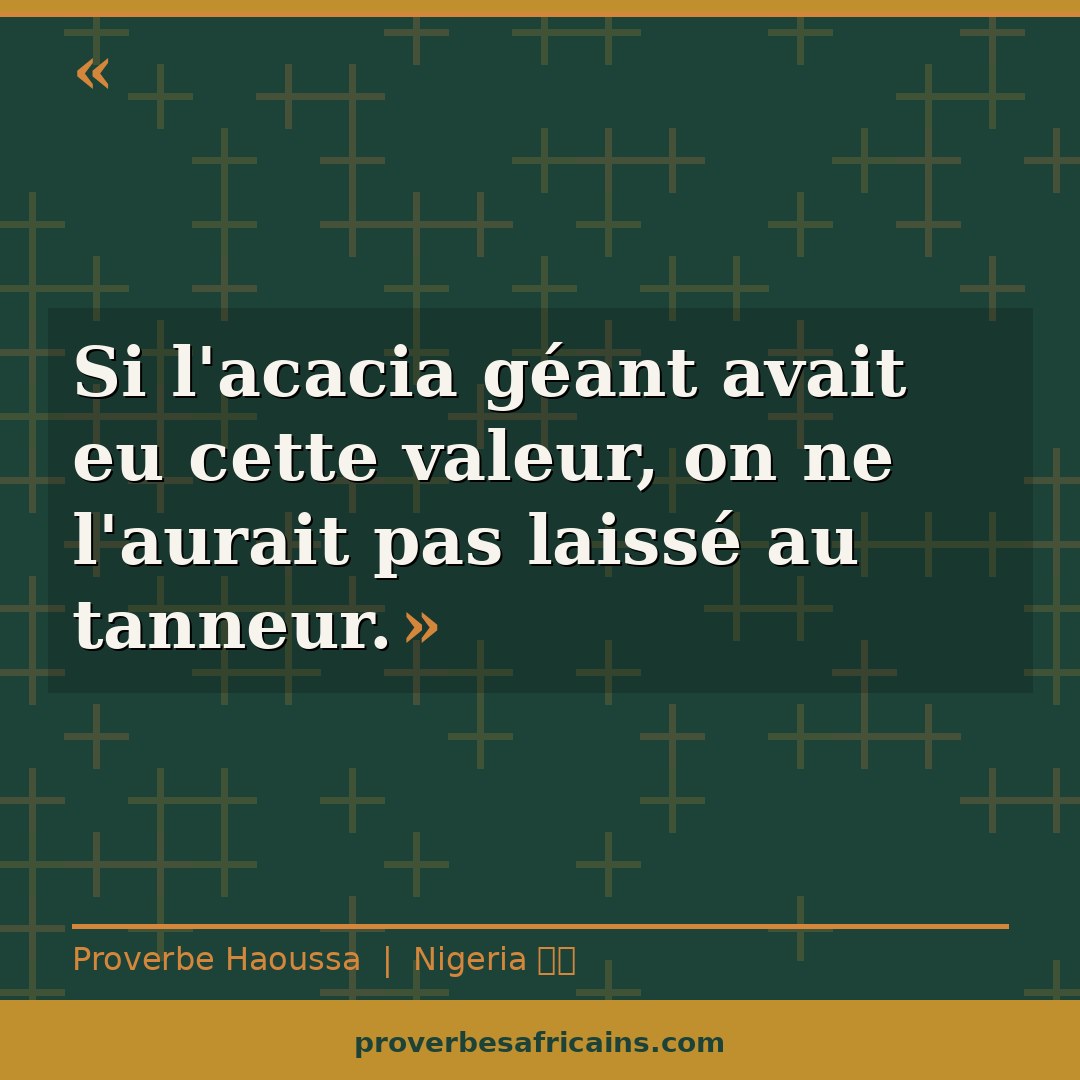 Proverbe africain illustré sur fond wax : « Si l'acacia géant avait eu cette valeur, on ne l'aurait pas laissé au tanneur. »