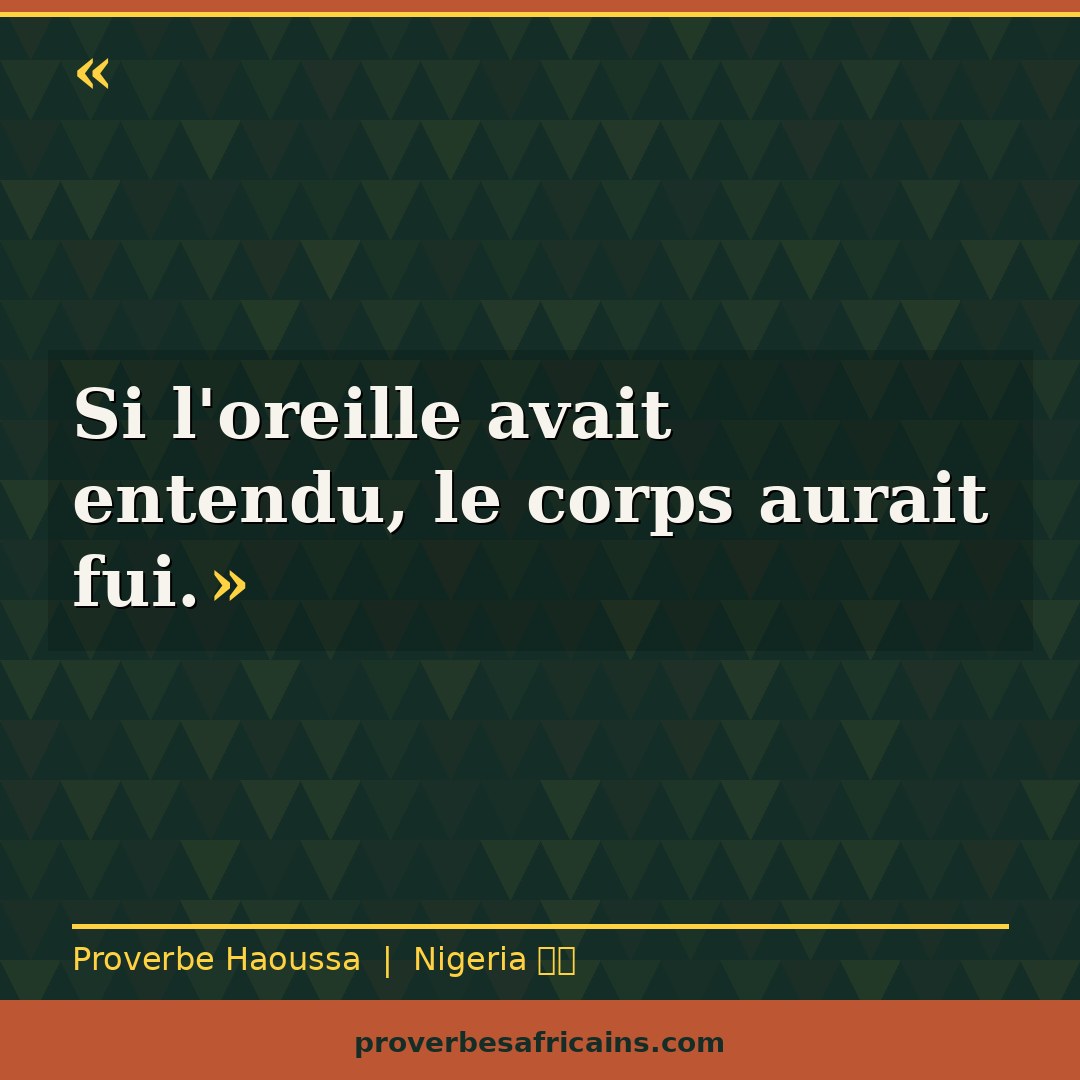 Proverbe africain illustré sur fond wax : « Si l'oreille avait entendu, le corps aurait fui. »