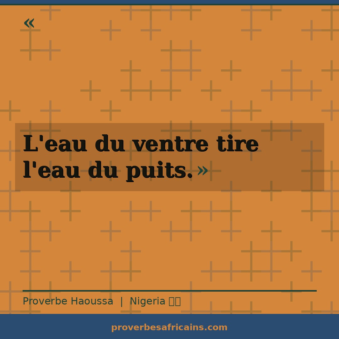 Proverbe africain illustré sur fond wax : « L'eau du ventre tire l'eau du puits. »