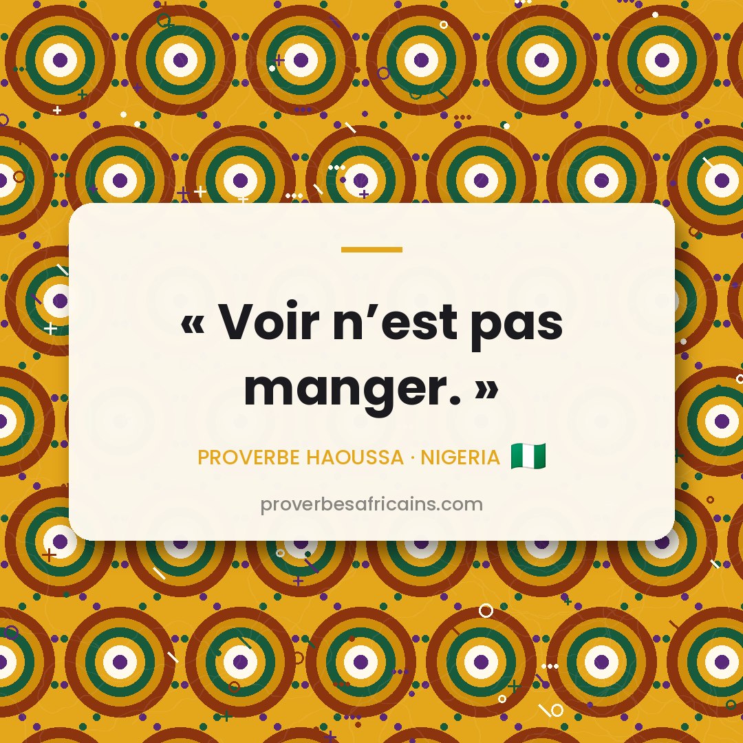 Proverbe africain illustré sur fond wax : « Voir n'est pas manger. »