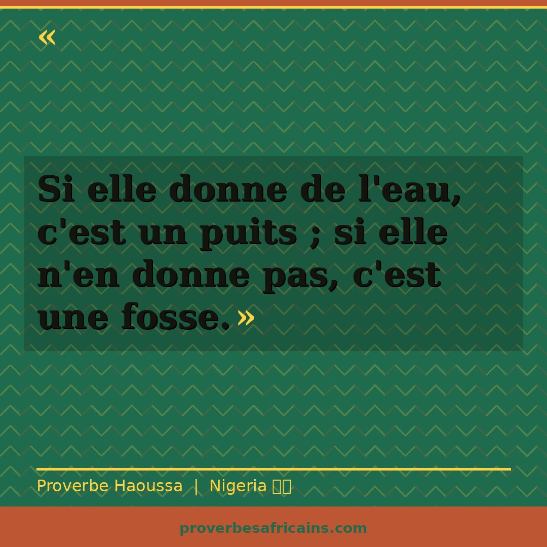 Proverbe africain illustré sur fond wax : « Si elle donne de l'eau, c'est un puits ; si elle n'en donne pas, c'est une fosse. »