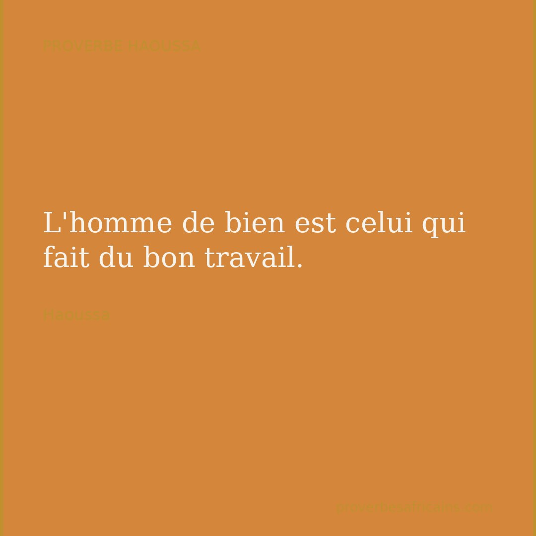 Proverbe africain illustré sur fond wax : « L'homme de bien est celui qui fait du bon travail. »