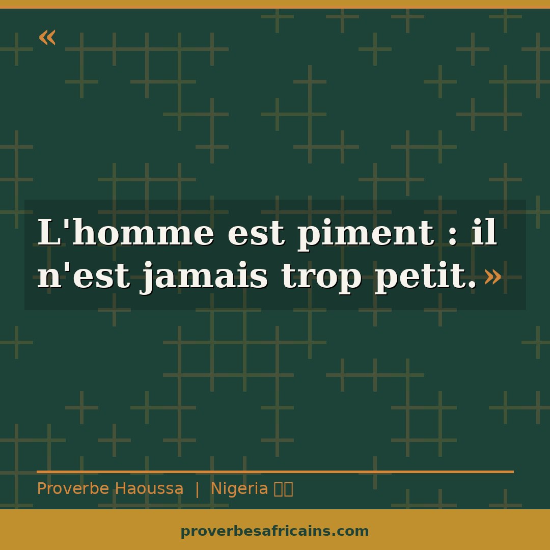 Proverbe africain illustré sur fond wax : « L'homme est piment : il n'est jamais trop petit. »