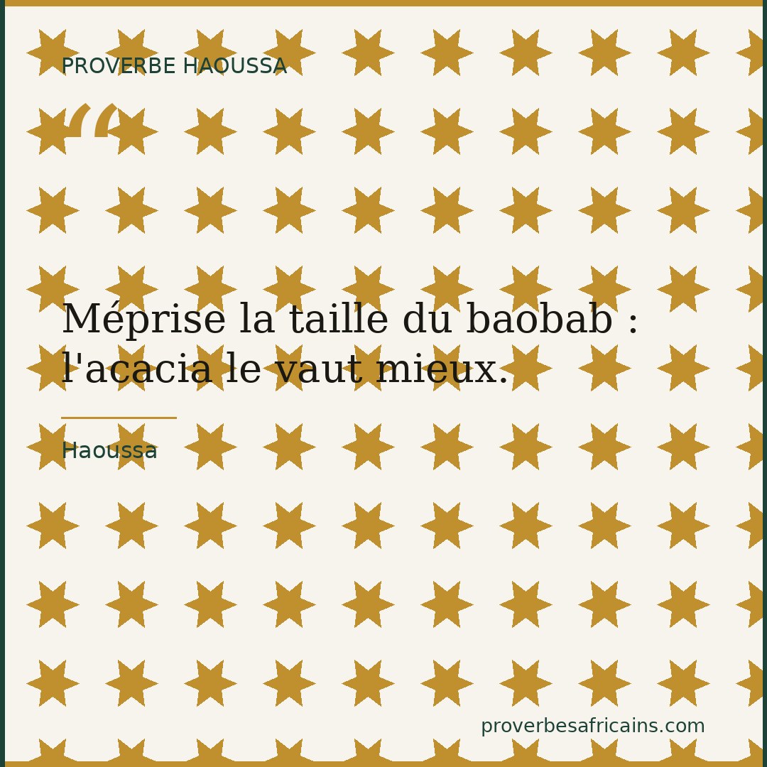 Proverbe africain illustré sur fond wax : « Méprise la taille du baobab : l'acacia le vaut mieux. »