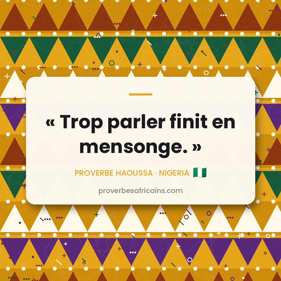 Proverbe africain illustré sur fond wax : « Trop parler finit en mensonge. »