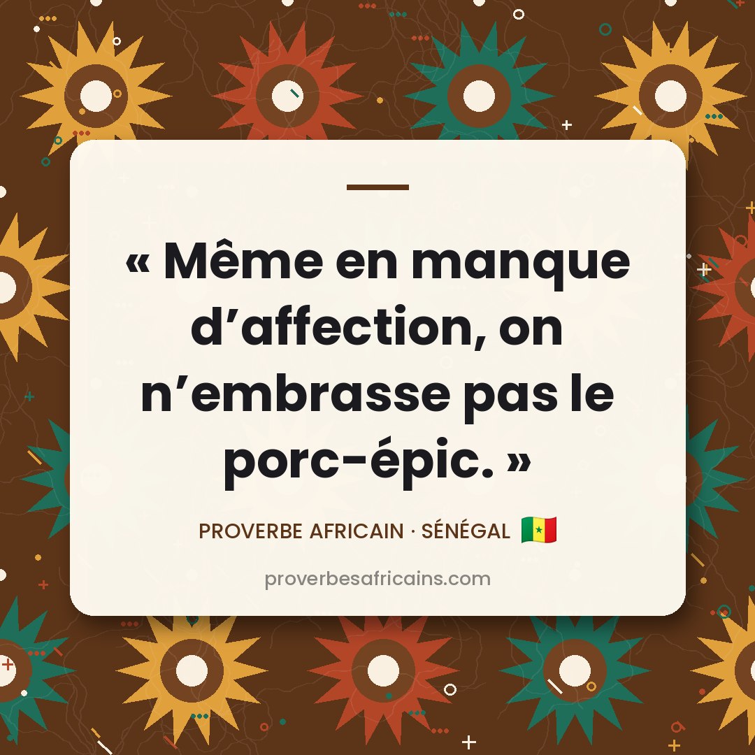 Proverbe africain illustré sur fond wax : « Même en manque d'affection, on n'embrasse pas le porc-épic. »