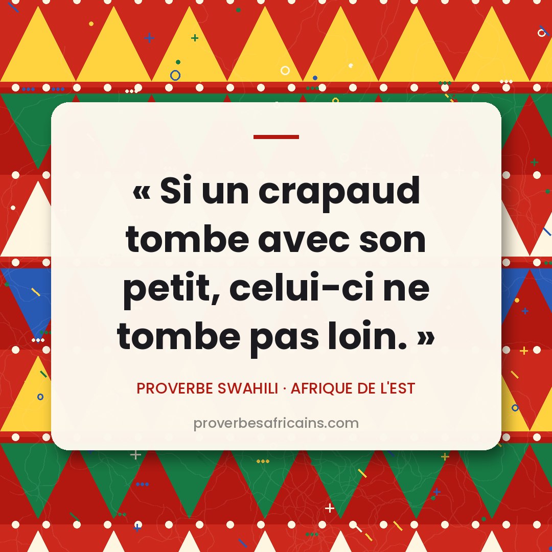 Proverbe africain illustré sur fond wax : « Si un crapaud tombe avec son petit, celui-ci ne tombe pas loin. »