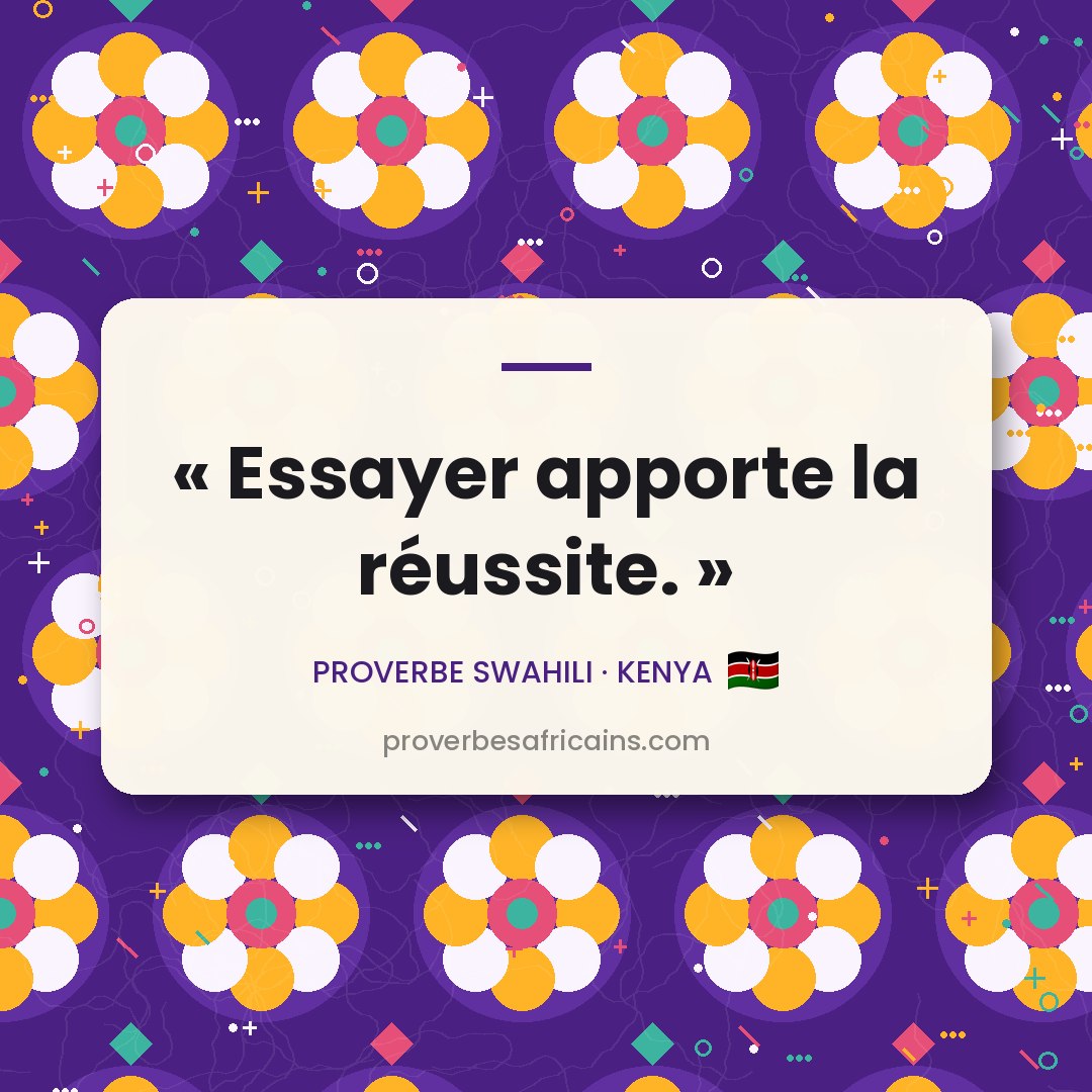 Proverbe africain illustré sur fond wax : « Essayer apporte la réussite. »