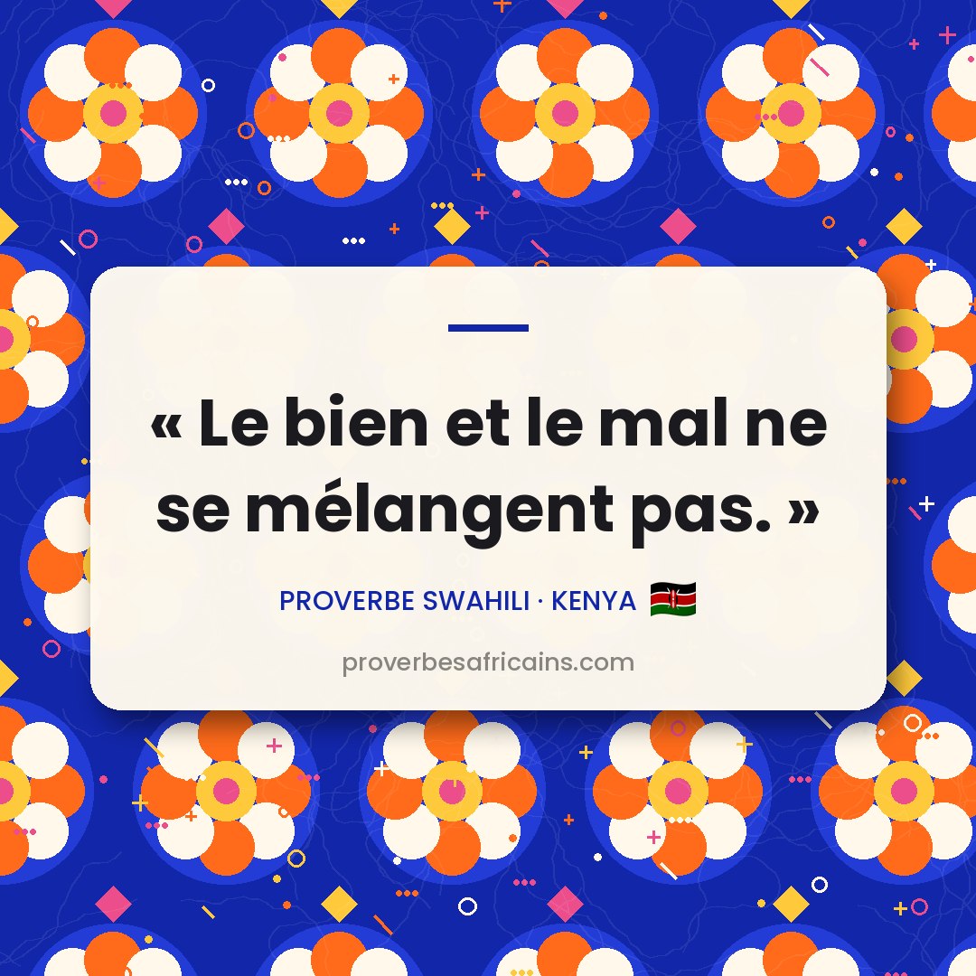 Proverbe africain illustré sur fond wax : « Le bien et le mal ne se mélangent pas. »