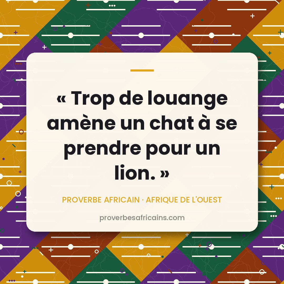 Proverbe africain illustré sur fond wax : « Trop de louange amène un chat à se prendre pour un lion. »