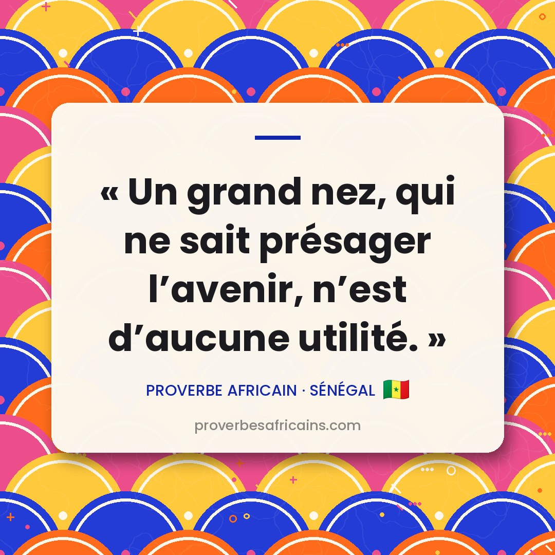 Proverbe africain illustré sur fond wax : « Un grand nez, qui ne sait présager l'avenir, n'est d'aucune utilité. »
